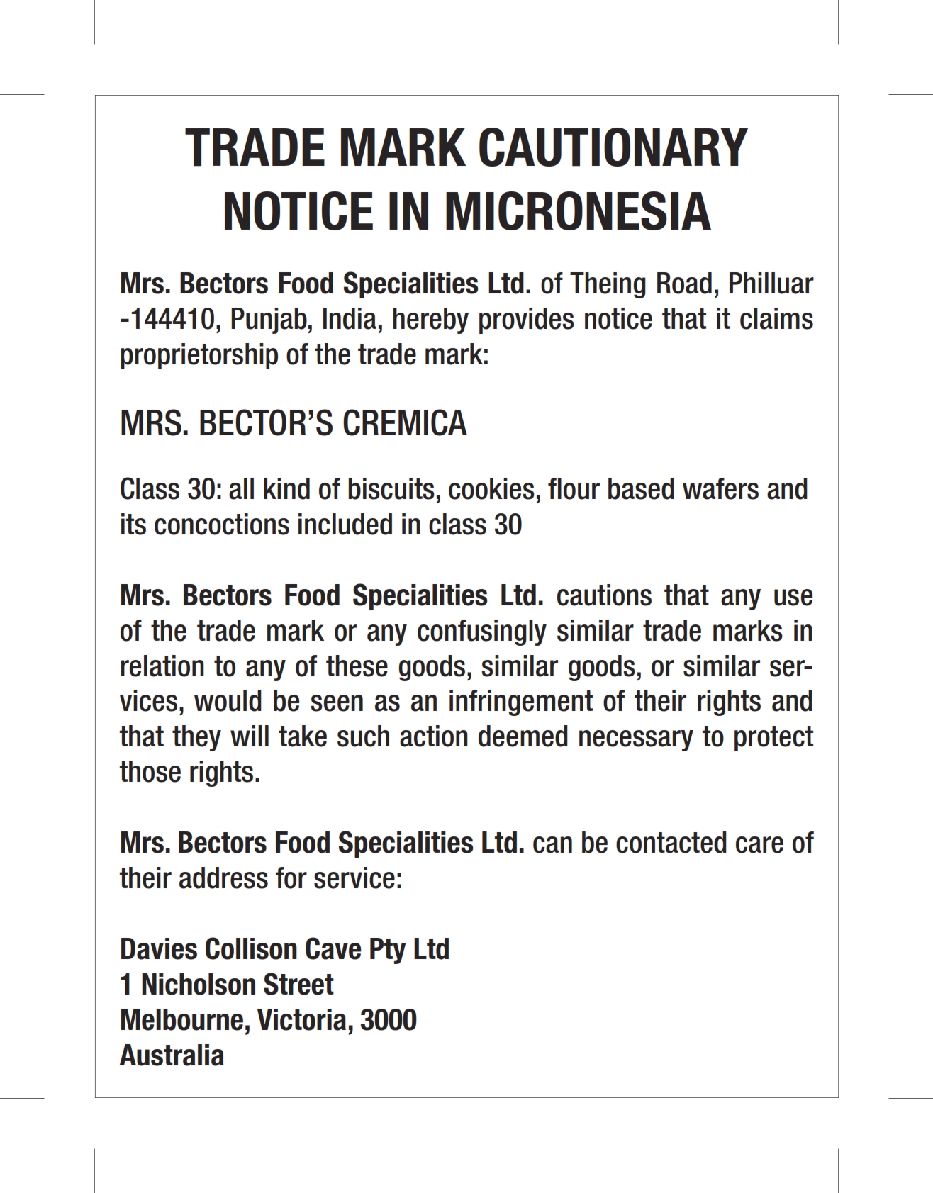 TRADE MARK CAUTIONARY NOTICE IN MICRONESIA Mrs. Bectors Food Specialities Ltd