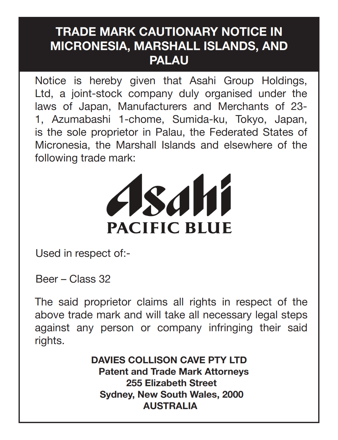 Cautionary Notice Asahi PACIFIC BLUE 001